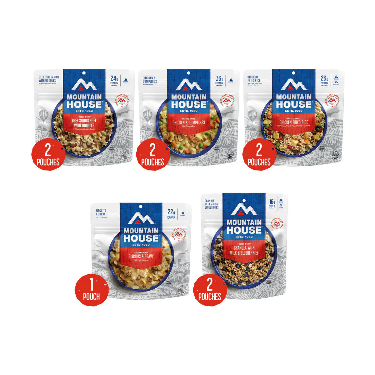 Top-down view of Mountain House Just In Case 3-Day Emergency Food Supply showing included pouches