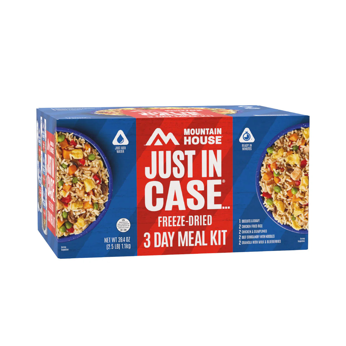 Front view of Mountain House Just In Case 3-Day Emergency Food Supply box