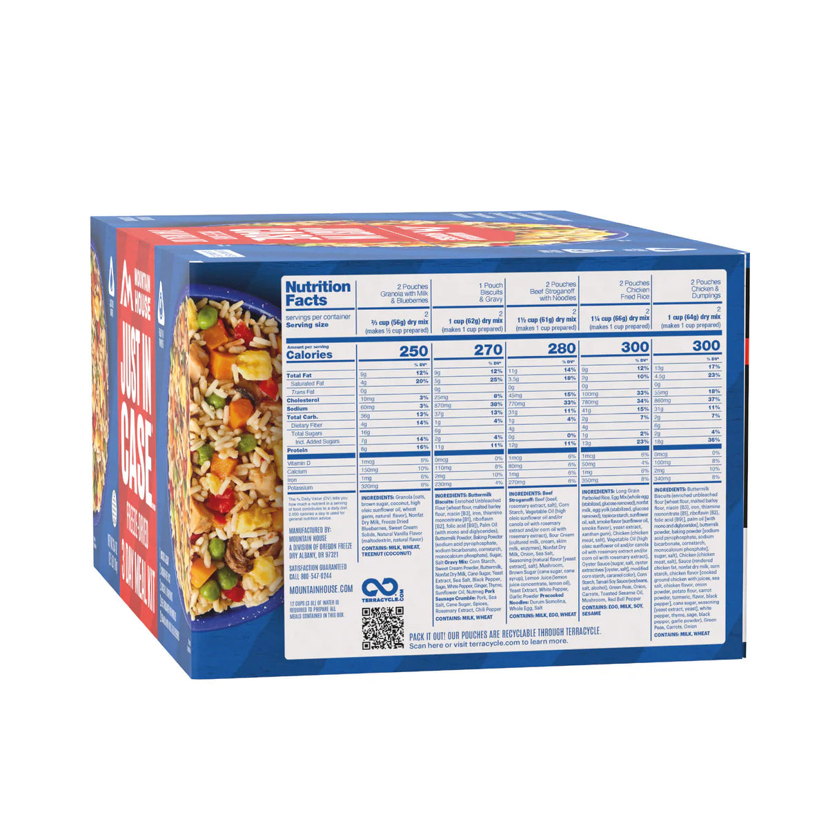 Rear view of Mountain House Just In Case 3-Day Emergency Food Supply box with nutrition facts