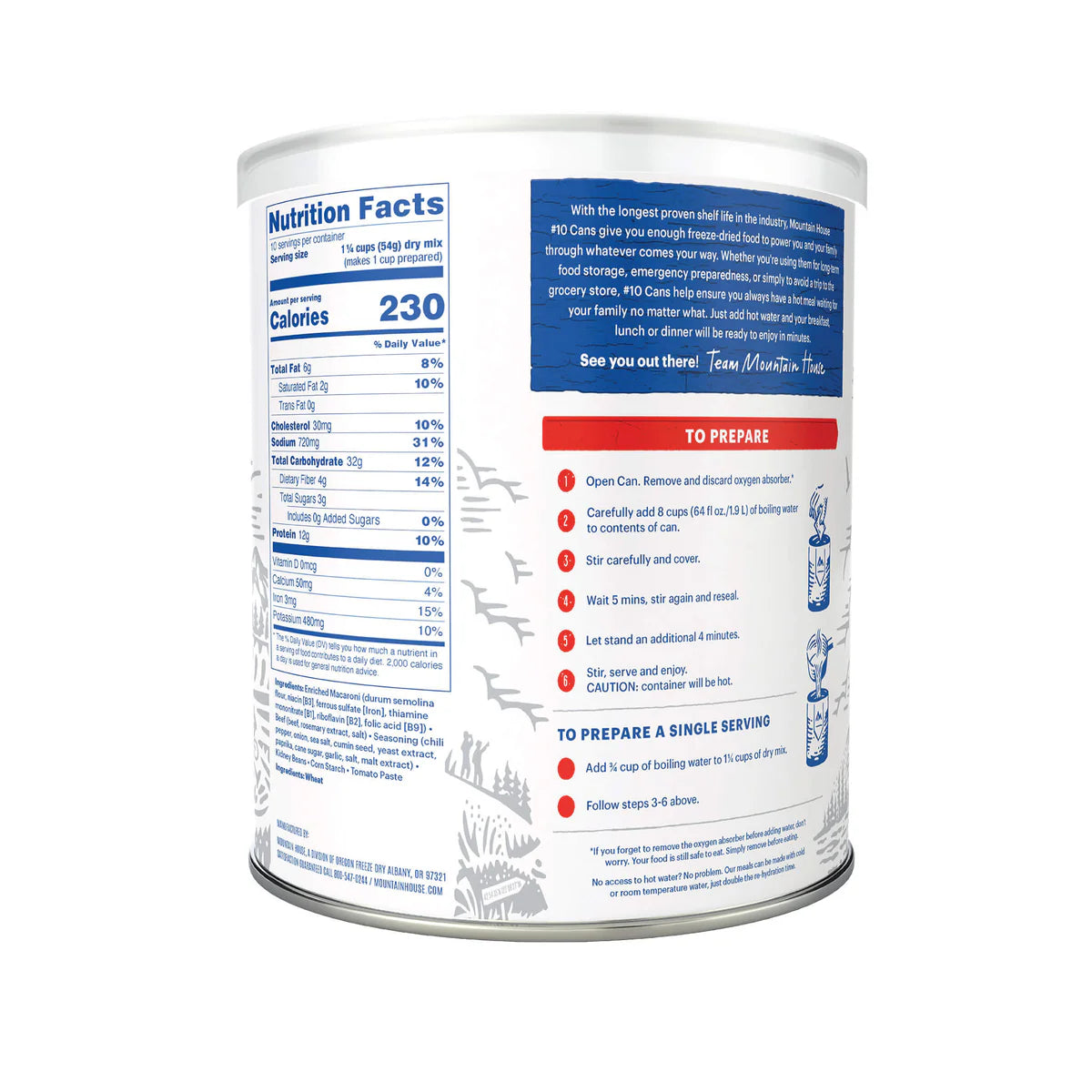Nutrition & ingredients label for Mountain House Chili Mac with Beef