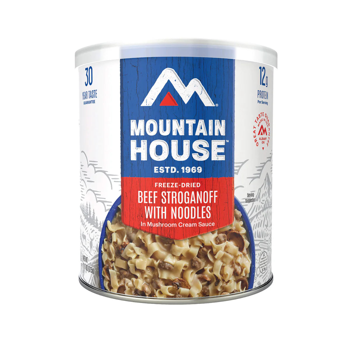 Front view of Mountain House Beef Stroganoff with Noodles #10 can