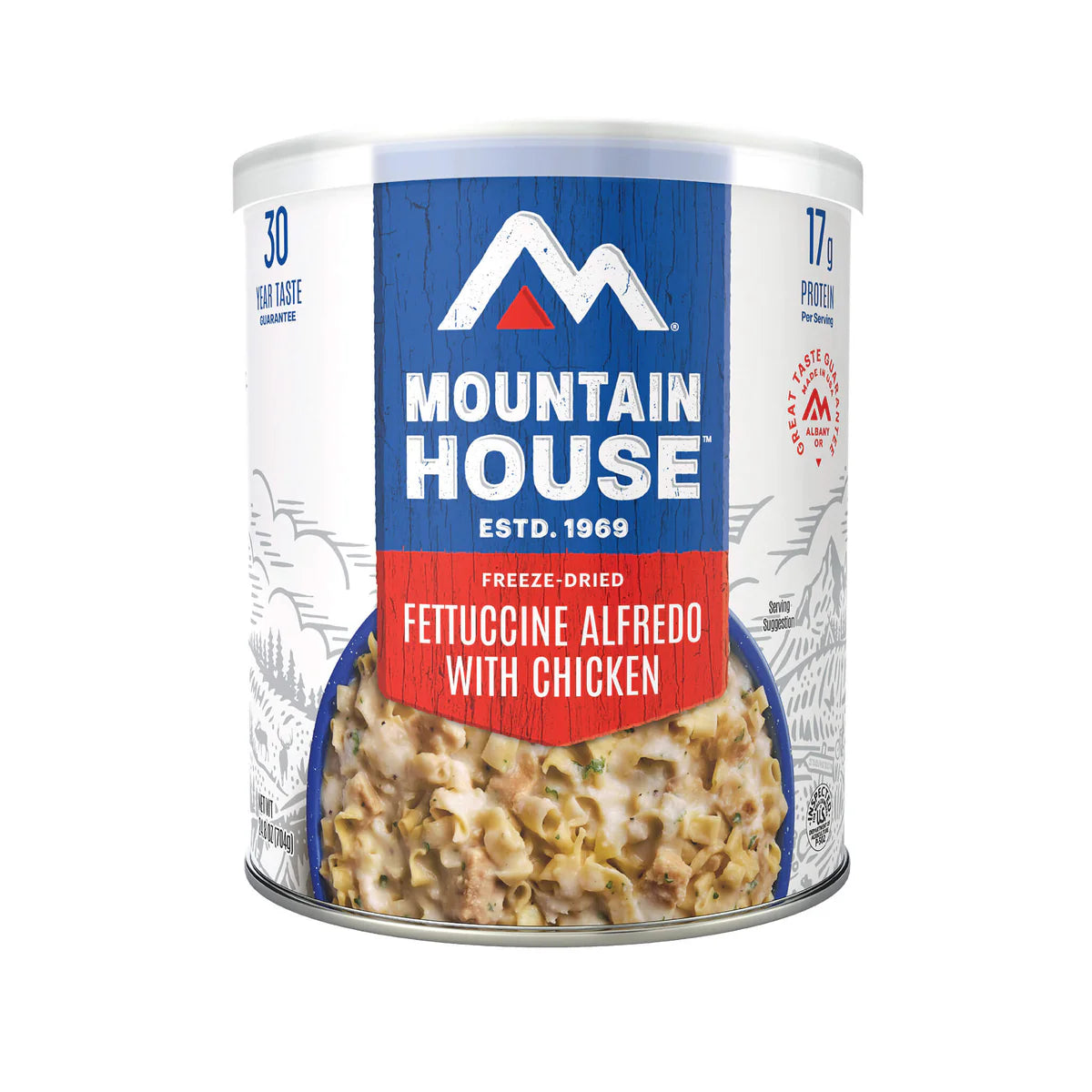 Front view of Mountain House Fettuccine Alfredo with Chicken prepared serving