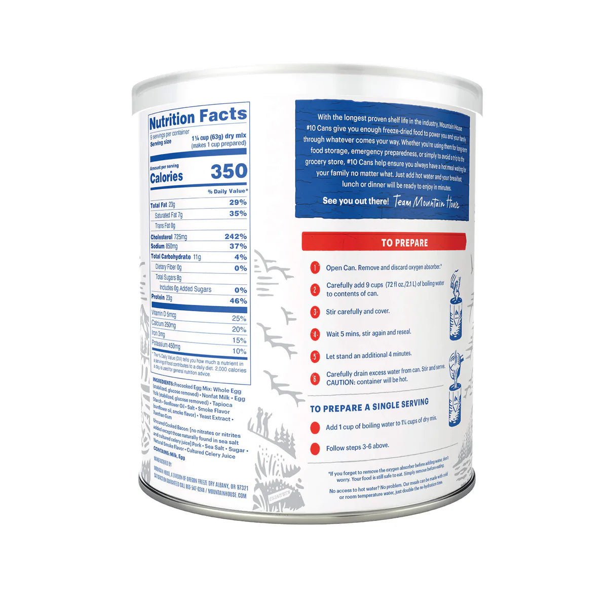 Ingredients & nutrition label of Mountain House Scrambled Eggs with Uncured Bacon