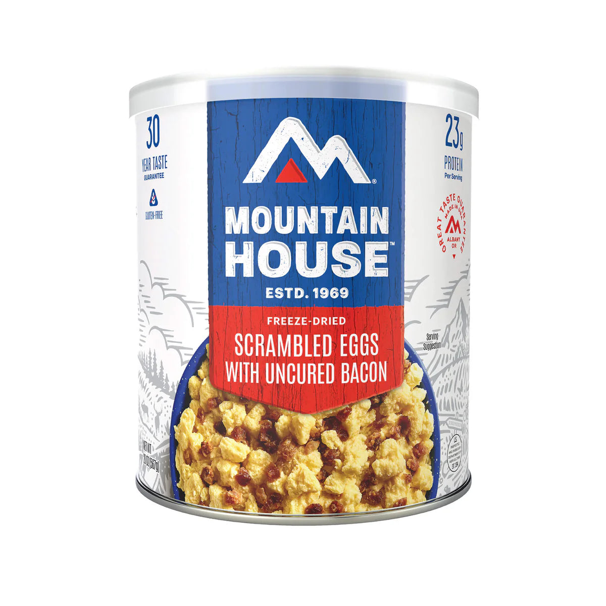 Front view of Mountain House Scrambled Eggs with Uncured Bacon #10 can