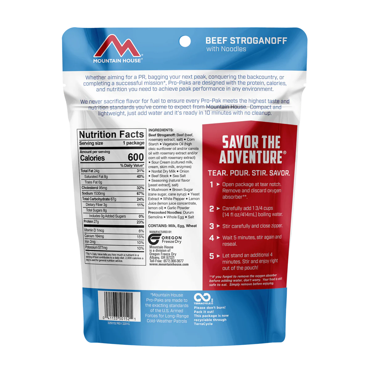 Ingredients & nutrition label of Beef Stroganoff pouch