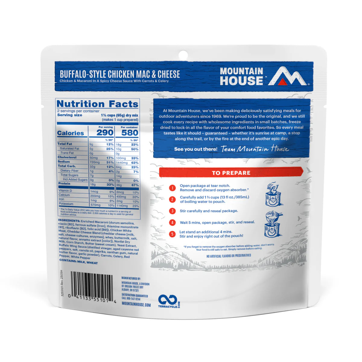 Ingredients & nutrition label of Mountain House Buffalo-Style Chicken Mac & Cheese