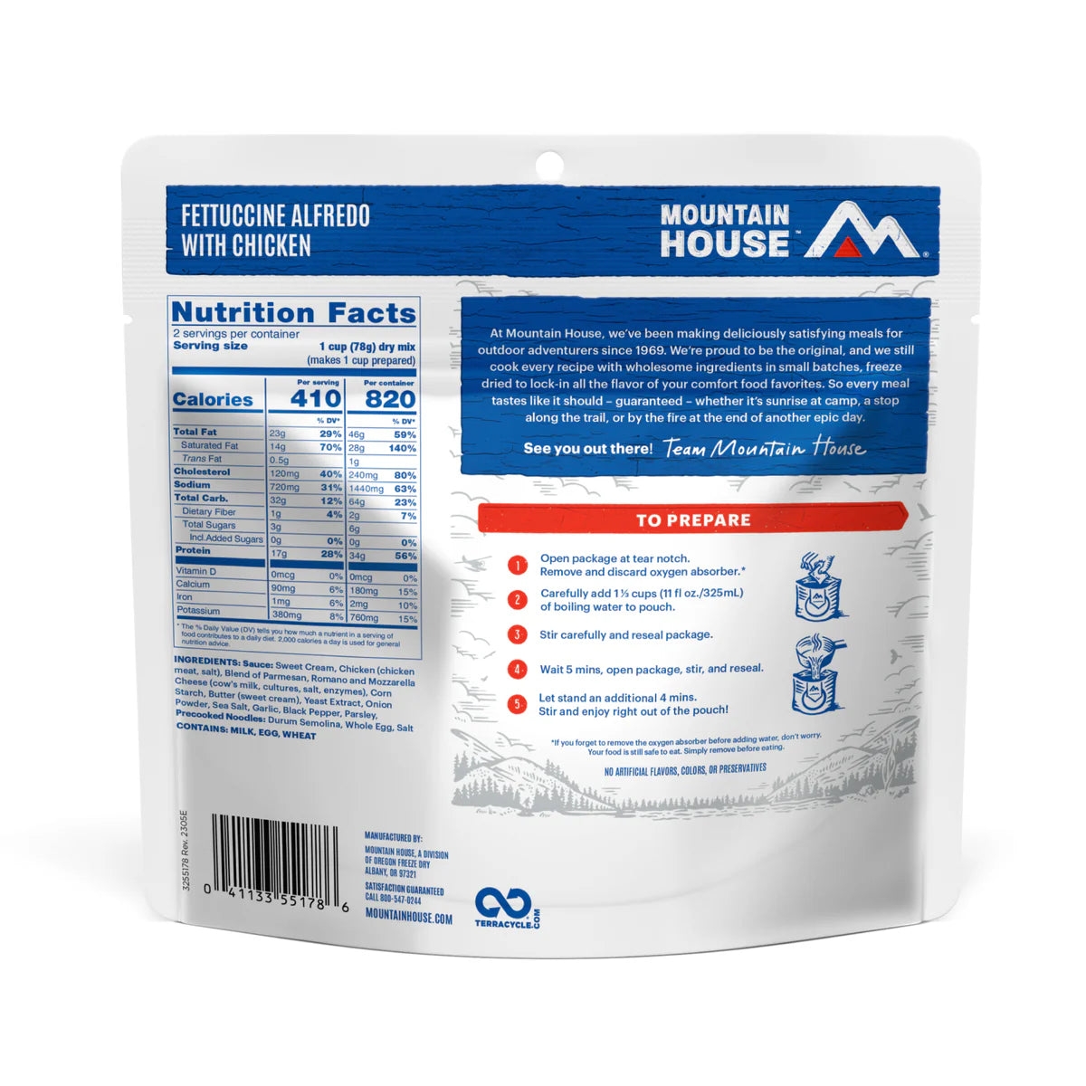 Ingredients & nutrition label of Mountain House Fettuccine Alfredo with Chicken pouch