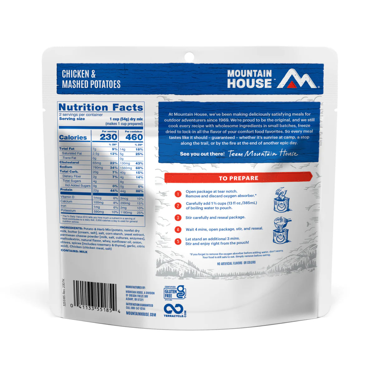 Ingredients & nutrition label of Mountain House Chicken and Mashed Potatoes pouch