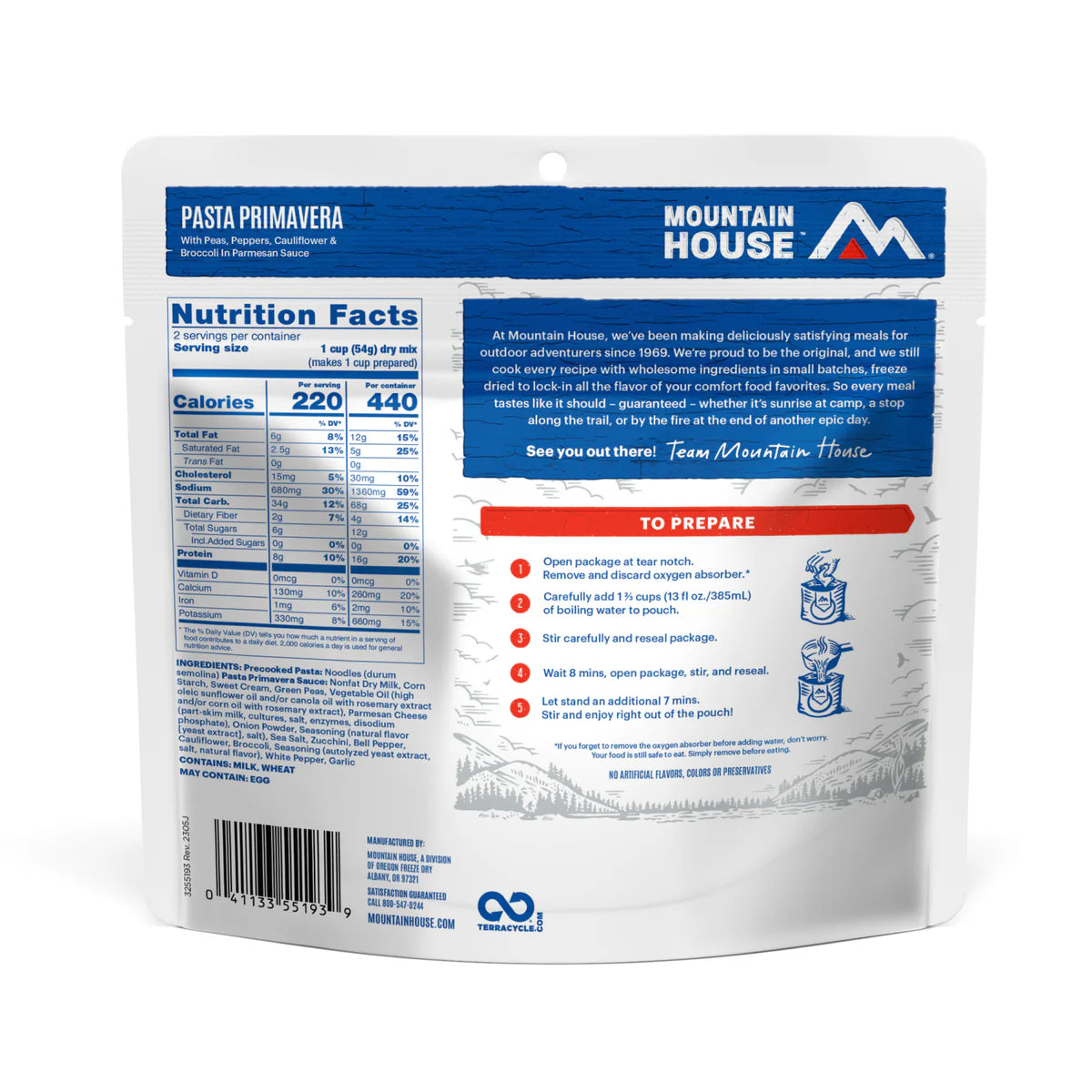 Nutrition & ingredients label of Mountain House Pasta Primavera pouch
