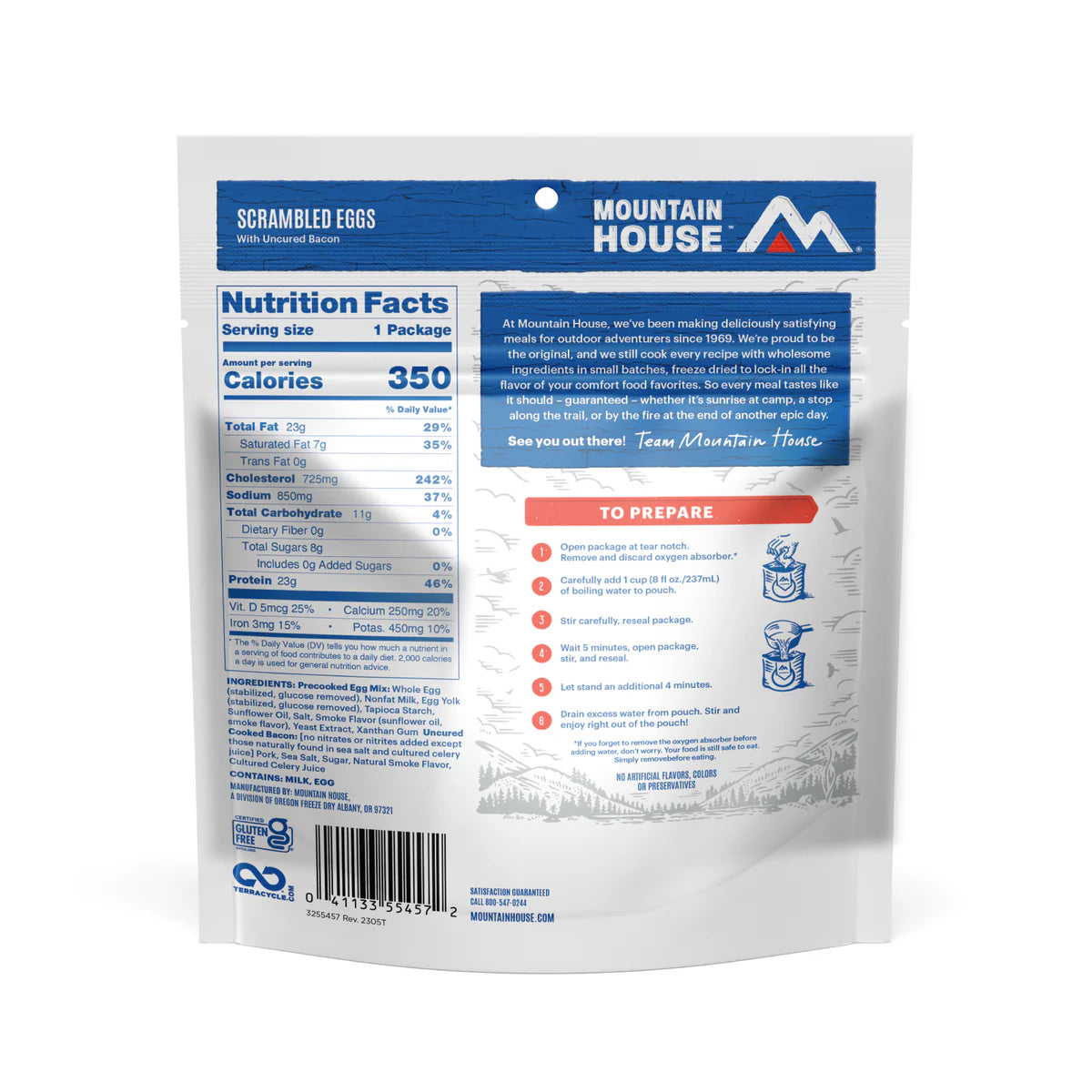 Ingredients & nutrition label of Mountain House Scrambled Eggs with Uncured Bacon