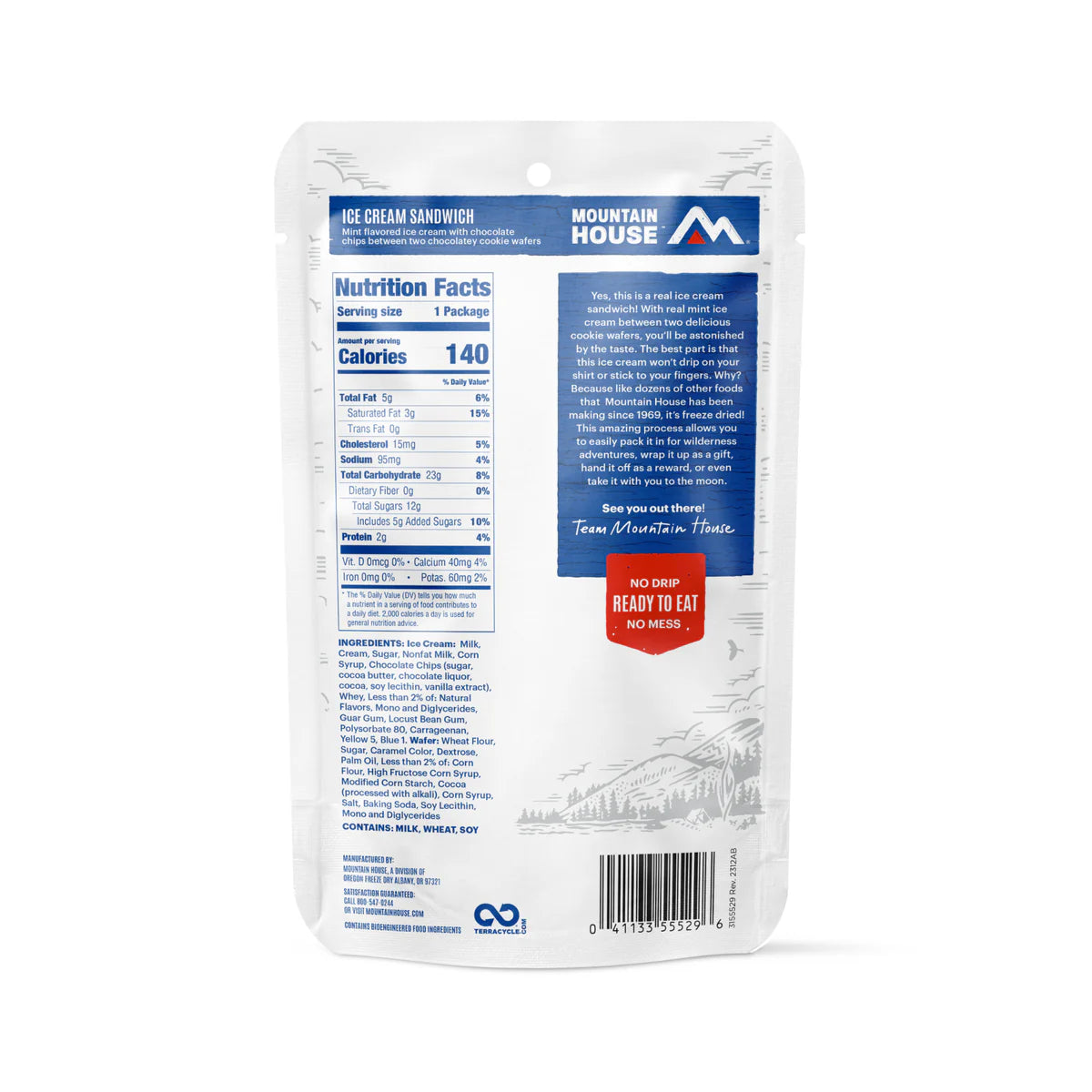 Nutrition & ingredients label of Mountain House Mint Chocolate Chip Ice Cream Sandwich