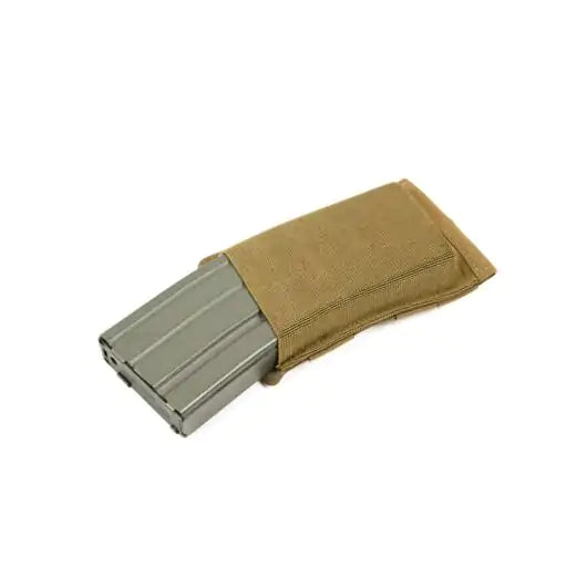 Front view of Blue Force Gear Ten-Speed Single M4 Mag Pouch holding one magazine in coyote brown