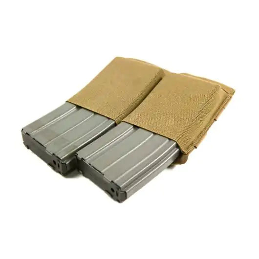 Front view of Blue Force Gear Ten-Speed Double M4 Mag Pouch holding two magazines in coyote brown