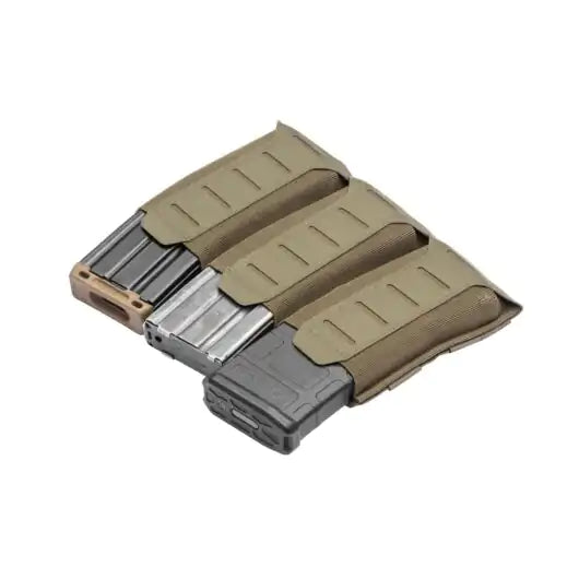 Front view of Blue Force Gear Stackable Ten-Speed Triple M4 Mag Pouch with MOLLEminus stackable front in ranger green