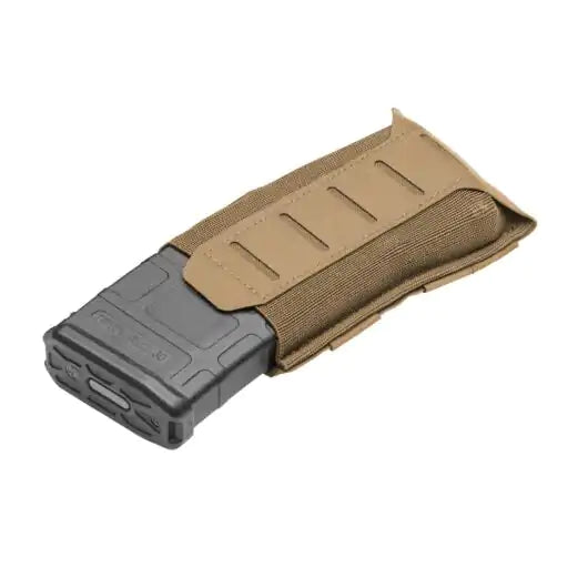 Front view of Blue Force Gear Stackable Ten-Speed Single M4 Mag Pouch with MOLLEminus stackable front in coyote brown