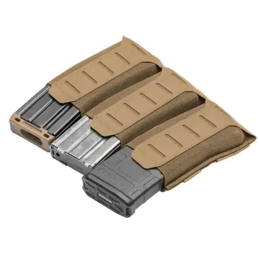 Front view of Blue Force Gear Stackable Ten-Speed Triple M4 Mag Pouch with MOLLEminus stackable front in coyote brown