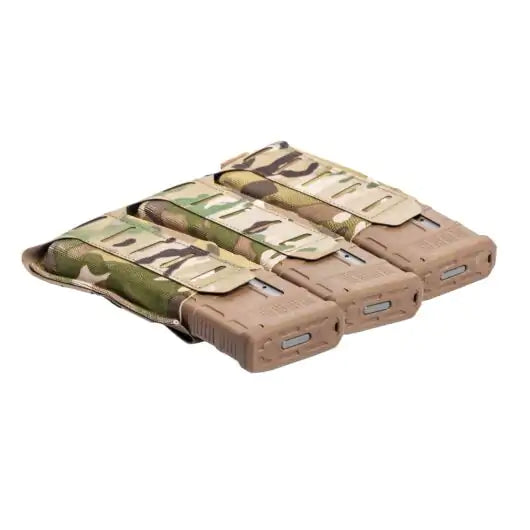 Front view of Blue Force Gear Stackable Ten-Speed Triple M4 Mag Pouch with MOLLEminus stackable front in multicam